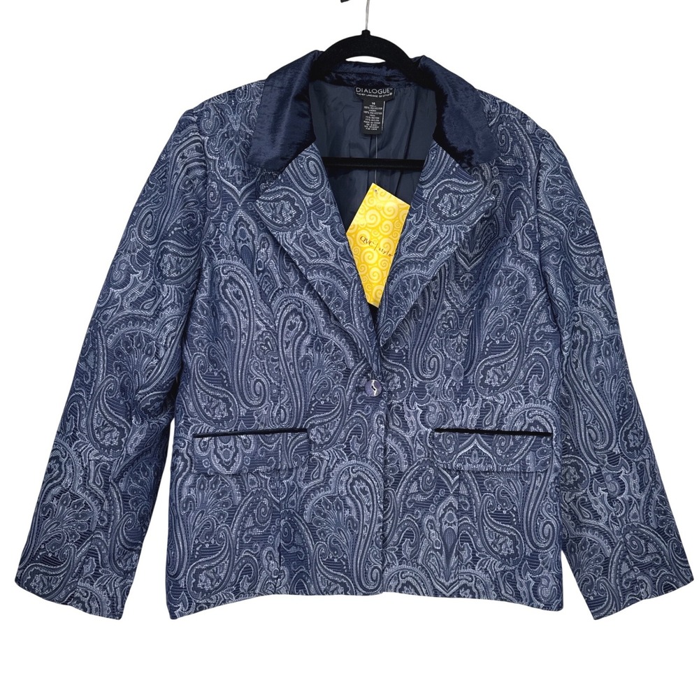 NWT Dialogue Womens Navy Blue Paisley Jacquard Velvet Collar Blazer Jacket Sz 14